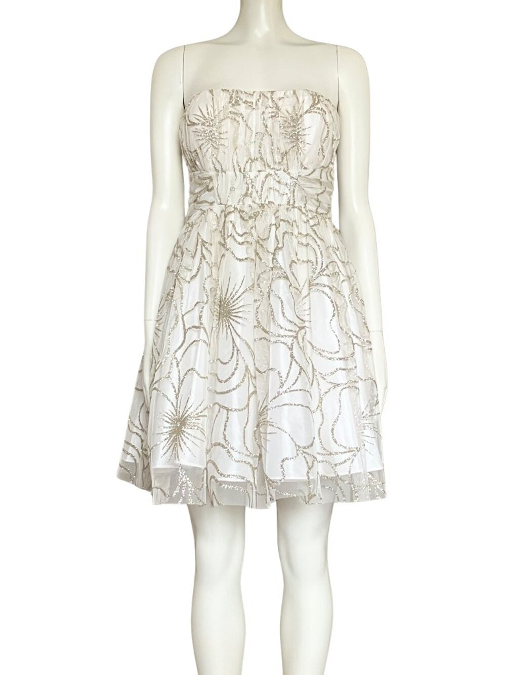 Vintage Y2K White Strapless Tulle Gold Glitter Cocktail Dress. XS. Hoco Party